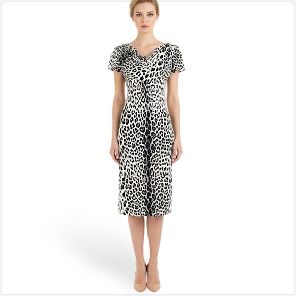 Gruppo GFT Black White Silk Animal or Snake Print Silk Midi Dress Italian 2 4 ? - Picture 1 of 5